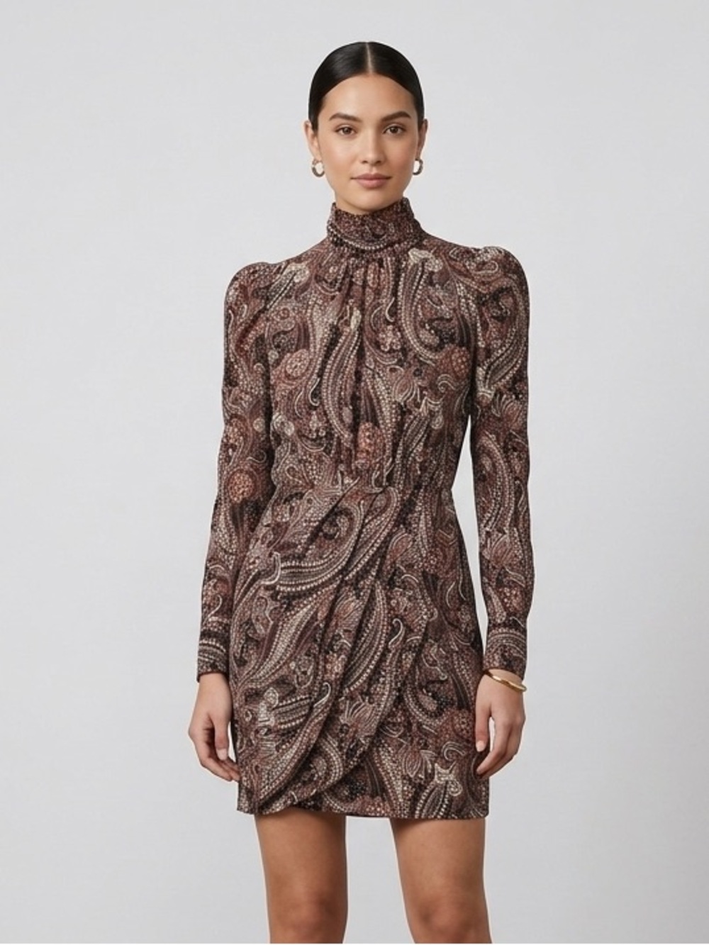 Aqua Black Paisley V-Neck Puff Sleeve‎ Mini Dress